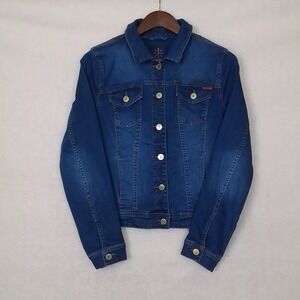 Isaac Mizrahi Jean Jacket Women Sz 6 Blue Relaxed Fit Denim Coat Button Up Front